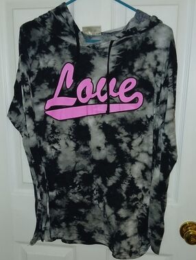 Bobbie Brooks Black and Gray Tie-Dye Hoodie with Pink "Love" Graphic